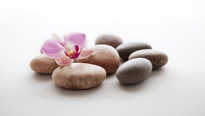 Collection of smooth hot stones with a flower for massage therapy, focusing on therapeutic techniques, International Massage Day
