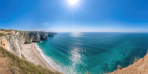 Obraz premium Panoramic view of cliffs beside a bright blue sea with sandy beach and visitors, natural erosion risk, Earth Day
