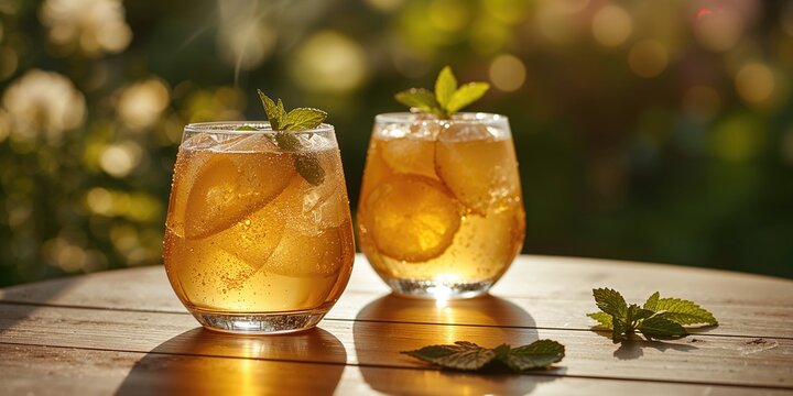 Glassware with lemon honey iced ginger tea, focusing on cold drink serving and natural ingredients