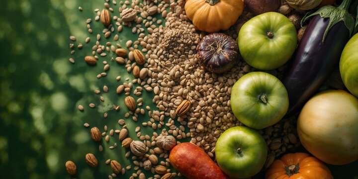 Vegetable and fruit assortment in a detailed background for healthy diet, highlighting fiber-rich foods