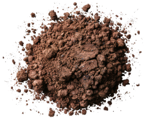 Moist earth texture is cut out and placed on a transparent background. The texture shows various earth particles and details suitable for digital or print design projects