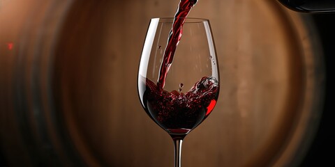 Fototapeta premium Red wine being poured into a glass beside a wooden barrel, fermentation process, World Wine Day