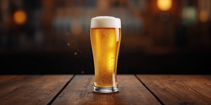 A glass of refreshing draft beer on a wooden bar table, beverage presentation