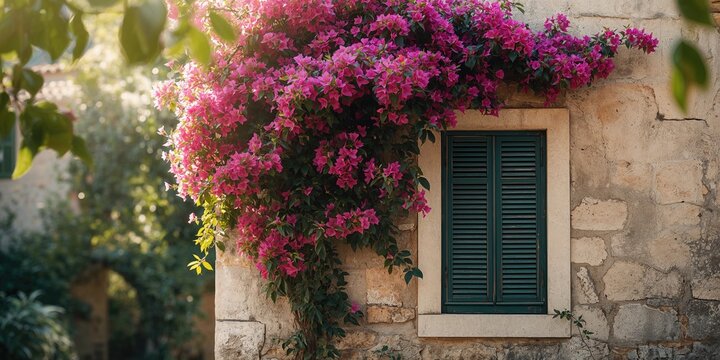 Building facade with pink floral accents, useful for seasonal or spring-themed design backgrounds