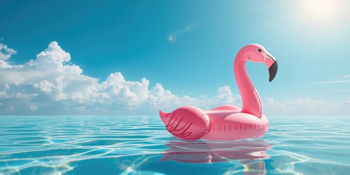 Poolside summer setting with a pink inflatable flamingo floating on a blue surface, suitable for event or leisure layouts