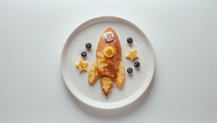 Kids morning meal featuring playful rocket-shaped pancakes with moon and stars motifs, aimed at making breakfast engaging
