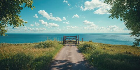 Coastal rural pathway with weathered wooden gate on a Swedish island in summer, nature and landscape scene