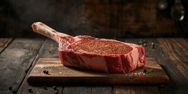 Uncooked tomahawk steak with seasoning, highlighting meat preservation and handling techniques