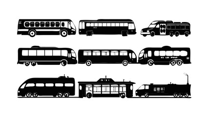 Stylized Black Silhouette Vector Set Showcasing a Wide Range of Bus and Public Transit Vehicles for Modern Transportation Themes and Urban Mobility Design Concepts