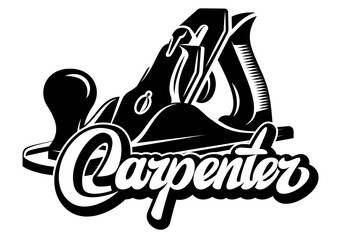 Black and white logo for a carpenter with a woodworking hand plane and the word Carpenter in stylized lettering.