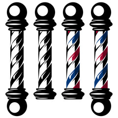 Set of four barber poles, two in black and white and two in traditional red, white, and blue stripes for barbershop signs.
