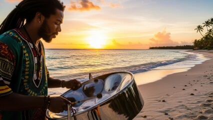 A man with dreadlocks playing a steel pan drum on a tropical beach at sunset.