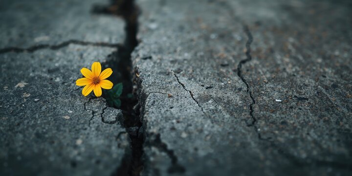 A yellow flower breaking through concrete pavement, highlighting urban nature persistence, Earth Day