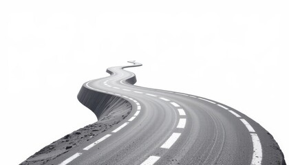 Curving Asphalt Road with White Background and Minimalistic Design for Transportation and Journey Themes