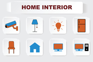 Home Interior Icons Set Featuring Security, Lighting, And Appliances