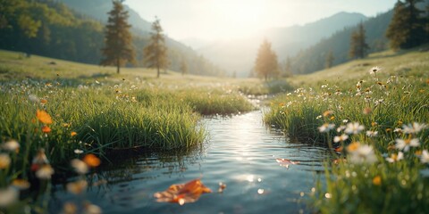 Fototapeta premium Mountain stream illuminated by sunlight with shimmering surface, suitable as background for outdoor layouts, Earth Day