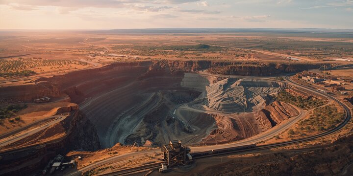 Aerial perspective of a vast open pit mine containing silver, zinc, and lead deposits, focusing on resource extraction, Broken Hill