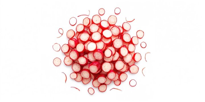 Sliced radish roots arranged in a pile, their bright red color and round cross sections, suitable for culinary presentation