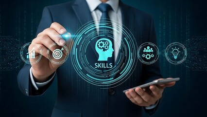 Businessman interacting with futuristic skills development interface