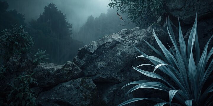 Silver blue lemongrass leaves against a rocky backdrop and rainy sky, suitable for natural textures or backgrounds