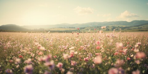 Fototapeta premium Colorful flower field backdrop used in editorial layouts, spring seasonal change