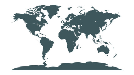 Dark blue world map silhouette showing continents and Antarctica on a white background globe earth