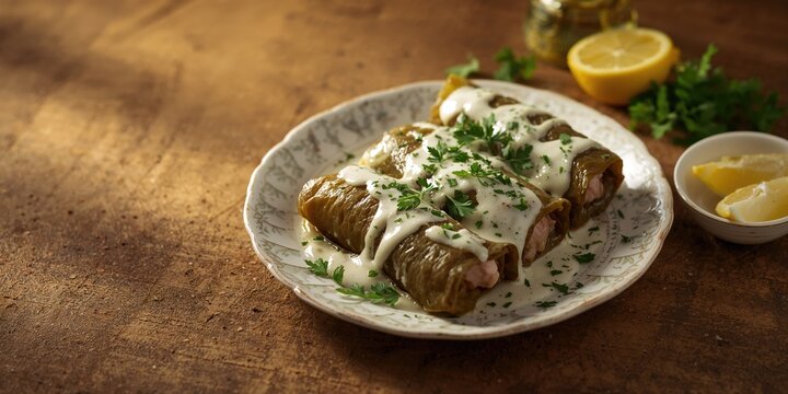 Rustic cabbage rolls wrapped in grape leaves with herbs and lemon, topped with white sauce, emphasizing homemade cooking, International Day of Food Safety