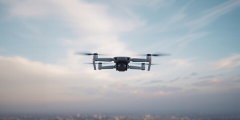 Quadcopter in flight against a clear sky, highlighting remote-controlled aircraft functionality