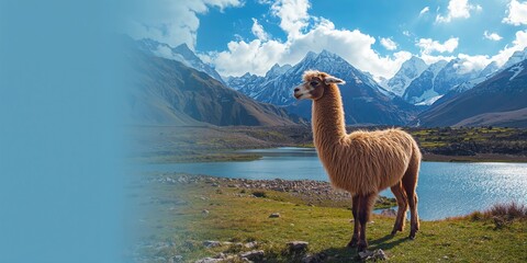 Obraz premium Hiking route through mountain landscape featuring wild camelids, suitable for nature exploration