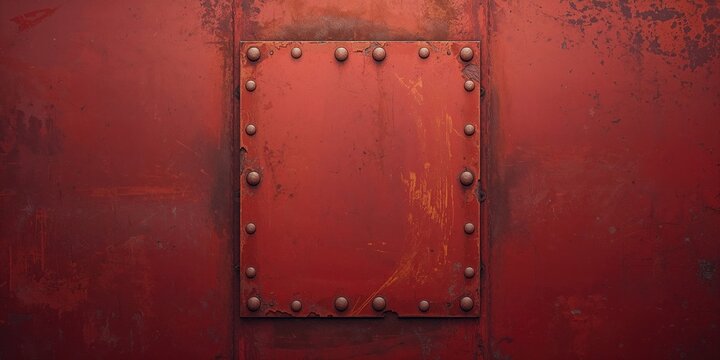 Rusty metal sheet with chipped paint and rivets, used as a textured backdrop for design elements