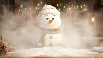 Snowman playing with flour in a festive kitchen for holiday baking tutorials and humorous winter cooking content