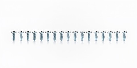 Row of screws arranged horizontally on white surface serving as a clean UI backdrop, hardware assembly theme