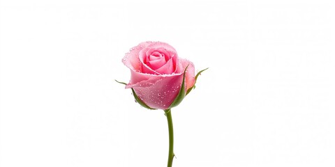 Pink rose bud with dew drops on a white background, suitable for floral background design