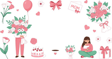 Hand drawn Mother's Day vector illustration set featuring floral bouquets hearts gift boxes and pink balloons for spring holiday greeting cards and celebration branding