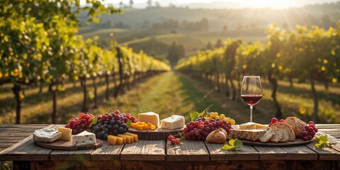Fototapeta premium Grapes and local dishes set on a decorated table during Georgia's Rtveli harvest festival