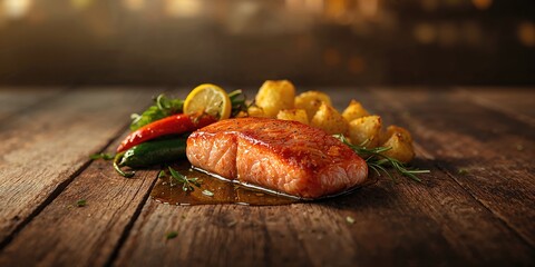 Fresh salmon steak accompanied by roasted green pepper and fried potato, suitable for nutritional balance in meal planning