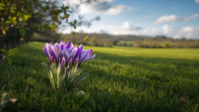 Crocuses blooming in grass during spring, garden scene with purple and white flowers, Earth Day