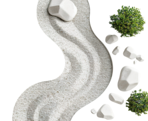 A gravel garden path that curves gently across the space. Several rocks and green plants are placed along the sides, adding to the garden's design