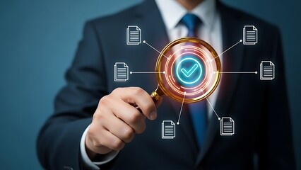 Businessman examining documents with magnifying glass for verification