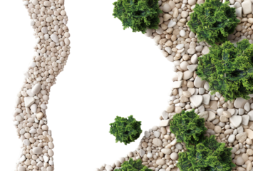 A gravel garden path curves gently through an area filled with small stones and green shrubs. This design can be used for landscaping, decoration, or garden planning