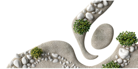 A garden path made of gravel winds gently, flanked by stones and small plants. The design is clean and utilizes a transparent background, allowing easy overlay on other images