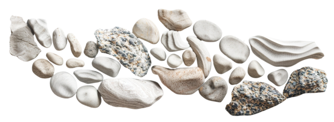 A gravel garden path curving gently can be seen on a transparent background. This path is made of various stones and pebbles arranged naturally. It can be used in garden designs