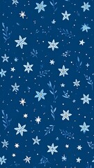 Deep blue floral and star pattern, featuring delicate blooms and foliage