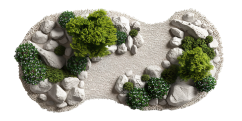 View of a gravel garden path that curves gently, surrounded by rocks and various types of plants, all set against a transparent background