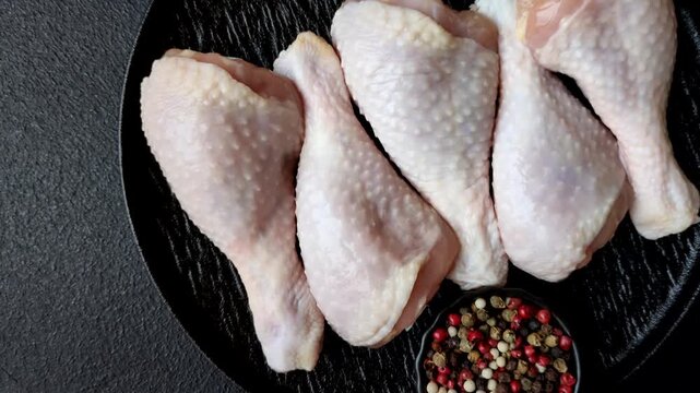 Chicken meat, raw drumsticks on the bone for grilling with salt and spices. Raw chicken drumsticks as a food background for your design