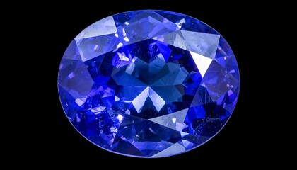 Fototapeta premium Deep blue oval gemstone with many facets against a stark black background