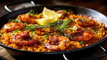 A delicious Spanish paella with shrimp showcases rich flavors, traditional cuisine, and Mediterranean culinary heritage.
