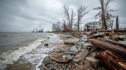 A receding wave leaves scattered debris along a flooded shoreline, symbolizing destruction, aftermath, and the power of natural forces.
