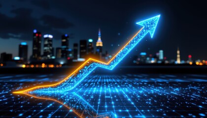 Fototapeta premium Futuristic Data Visualization of Economic Growth with Neon Graph Against Modern City Skyline at Night