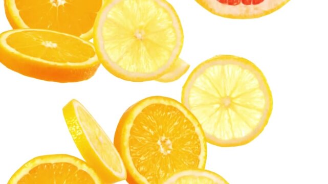Bright and Vibrant Citrus Fruit Slices Abstractly Arranged on White Background